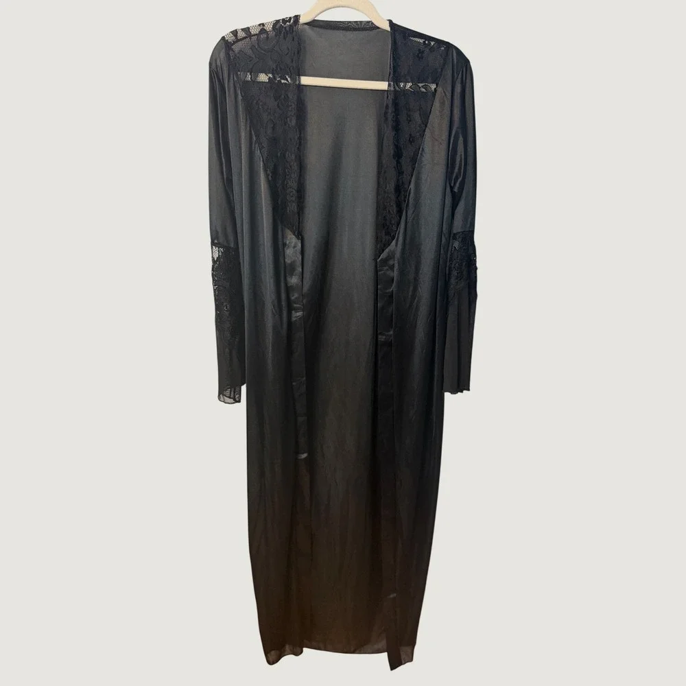 Vintage Black Lace Trim Long Duster Robe Sheer Mesh Open Romantic Goth L?